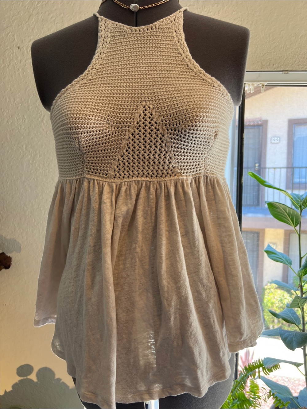 Free People Cream Crochet Halter Peplum Camisole